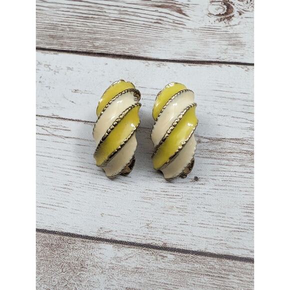 Vintage Clip On Earrings - 1" Half Hoop Yellow & Cream - Picture 2 of 10